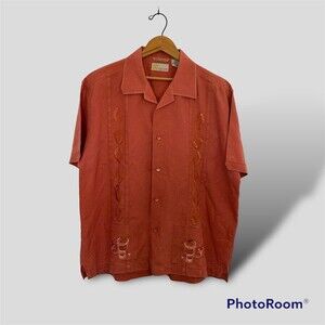 Cubavera shirt men's large salmon embroidered Hawaiian Lounge Tiki Aloha Linen